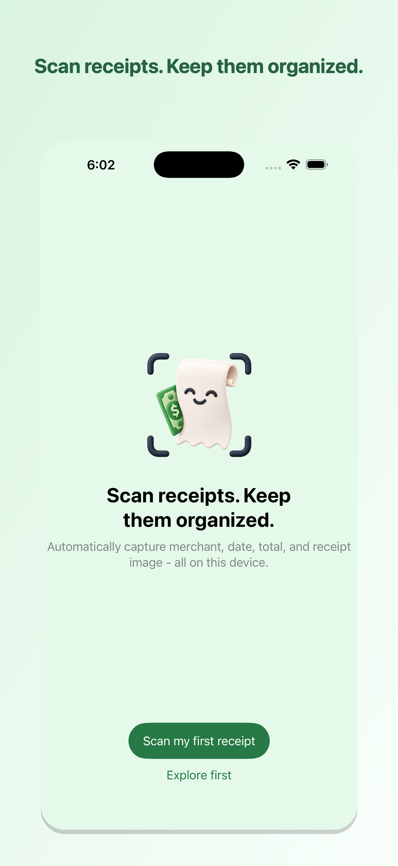Receipt Organizer's scan-receipts screen, showing the camera-first capture flow and organized receipt library.